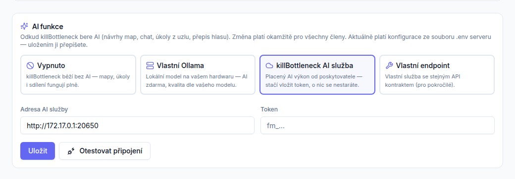 Sekce AI funkce se čtyřmi režimy: Vypnuto, Vlastní Ollama, AI služba přes API, Vlastní endpoint