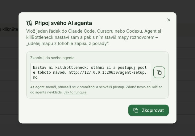 Dialog Připoj svého AI agenta: vysvětlení, řádek ke zkopírování s odkazem na agent-setup.md a tlačítko Zkopírovat