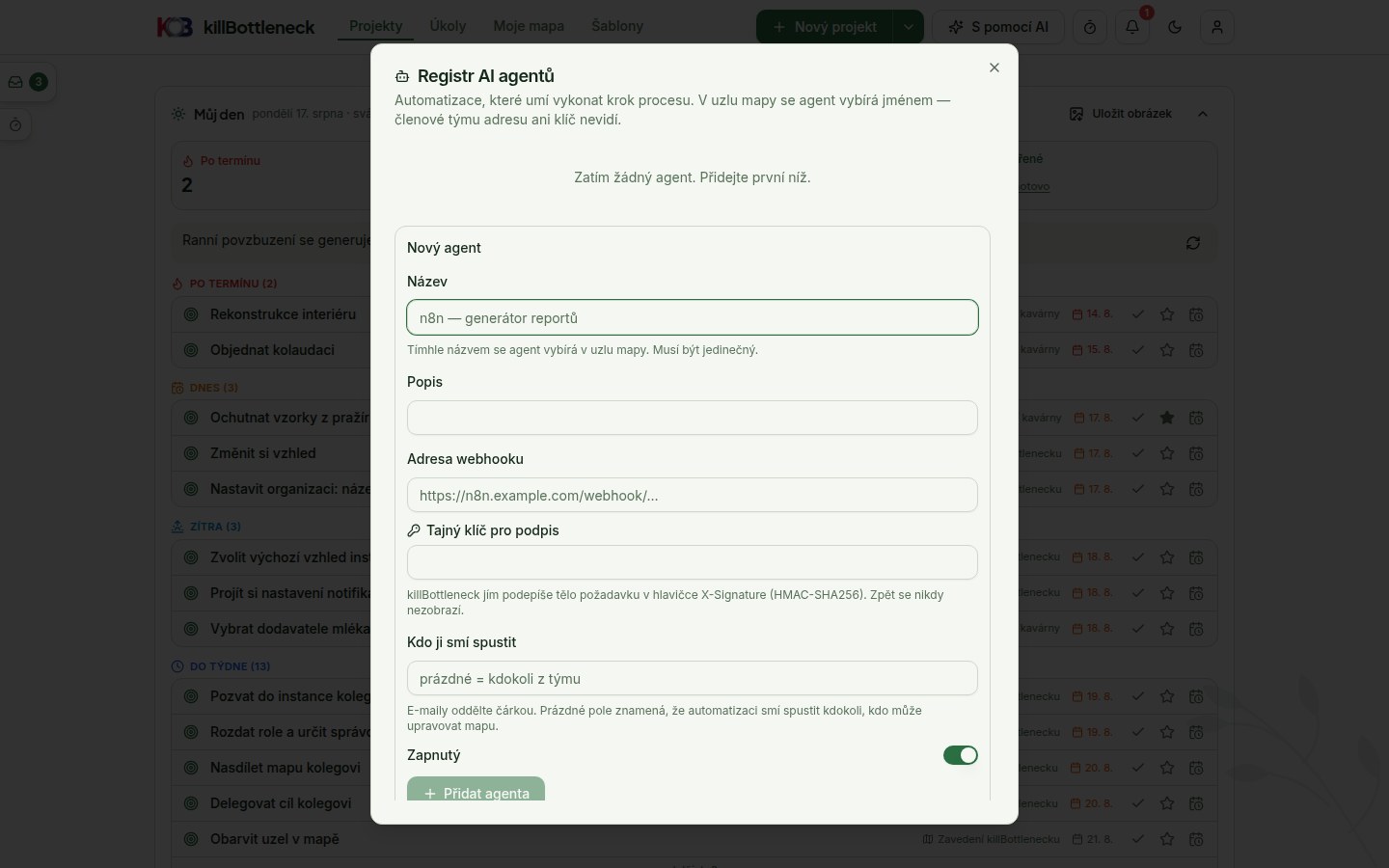Dialog Registr AI agentů: seznam automatizací s adresou webhooku, tajným klíčem a právy spuštění