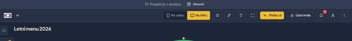 Horní část archivované mapy: nad lištou šedý pruh Projekt je v archivu s tlačítkem Obnovit, pod ním běžná lišta mapy