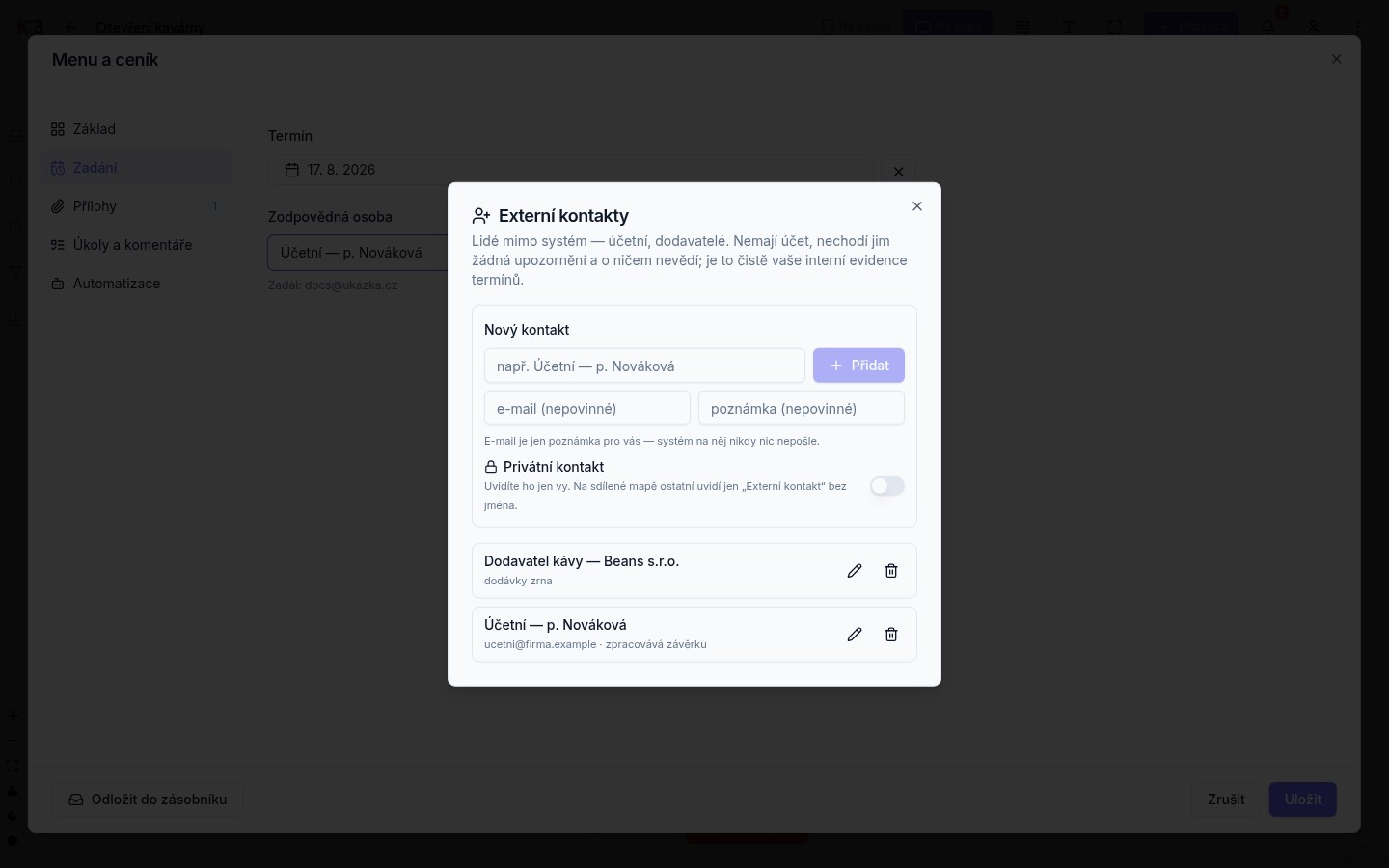 Dialog Externí kontakty: nový kontakt (jméno, e-mail, poznámka), přepínač Privátní kontakt a seznam založených kontaktů