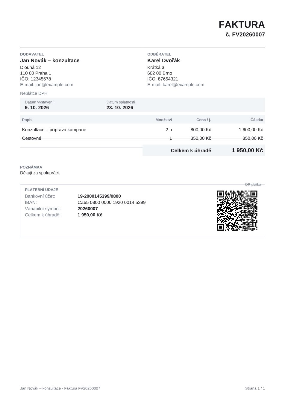 Vzor PDF faktury: dodavatel a odběratel, položky, celkem k úhradě a platební údaje s QR kódem