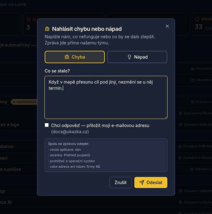 Dialog Nahlásit chybu nebo nápad: přepínač Chyba/Nápad, pole na text a výpis toho, co se odešle