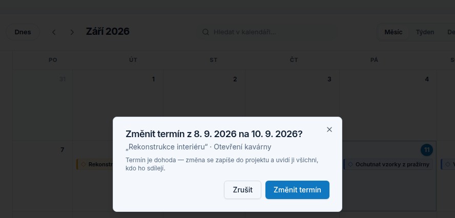Dialog po přetažení štítku v kalendáři: Změnit termín z jednoho data na druhé? s tlačítky Zrušit a Změnit termín