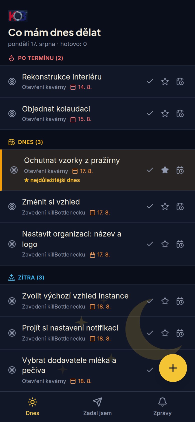 Zjednodušené zobrazení: velké řádky úkolů s tlačítky stavů, bez mapy