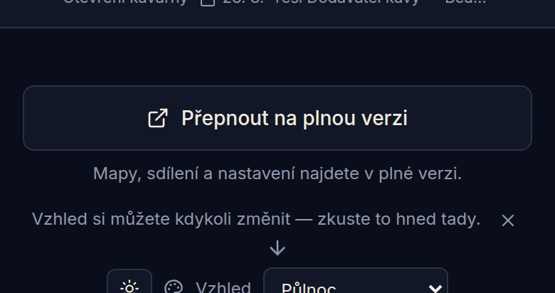 Patička zjednodušeného zobrazení s výběrem vzhledu a tlačítkem Přepnout na plnou verzi