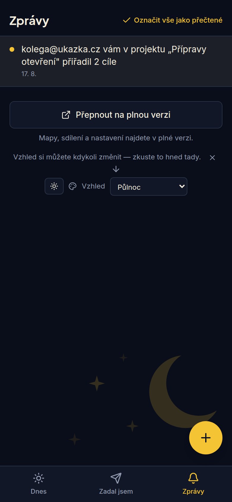 Obrazovka Zprávy s notifikacemi o nově přiřazených úkolech