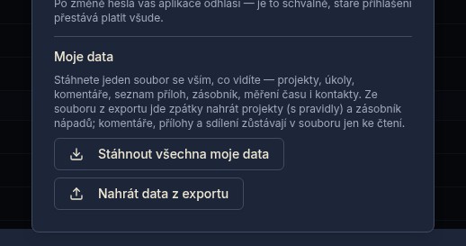 Dialog Můj účet, sekce Moje data s tlačítky Stáhnout všechna moje data a Nahrát data z exportu
