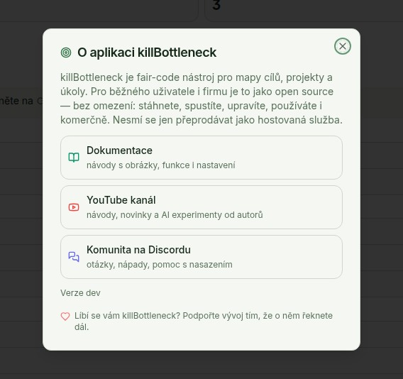 Dialog O aplikaci killBottleneck: popis fair-code licence, karty Dokumentace, YouTube kanál a Komunita na Discordu, řádek s verzí