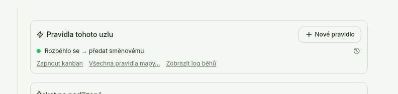 Panel Pravidla tohoto uzlu v kategorii Automatizace: zelená tečka zapnutého pravidla, ikona hodin pro log běhů a tlačítko Nové pravidlo