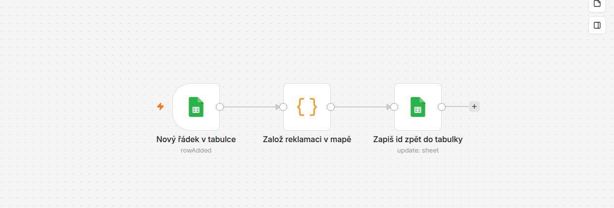 Postup v n8n se třemi uzly: Nový řádek v tabulce, Založ reklamaci v mapě, Zapiš id zpět do tabulky