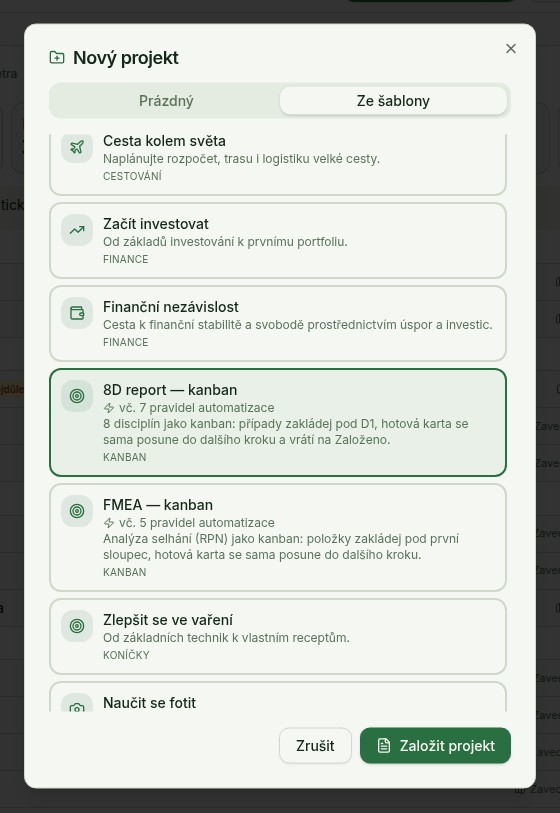 Dialog Nový projekt, záložka Ze šablony: vybraná šablona 8D report — kanban s odznakem vč. 7 pravidel automatizace