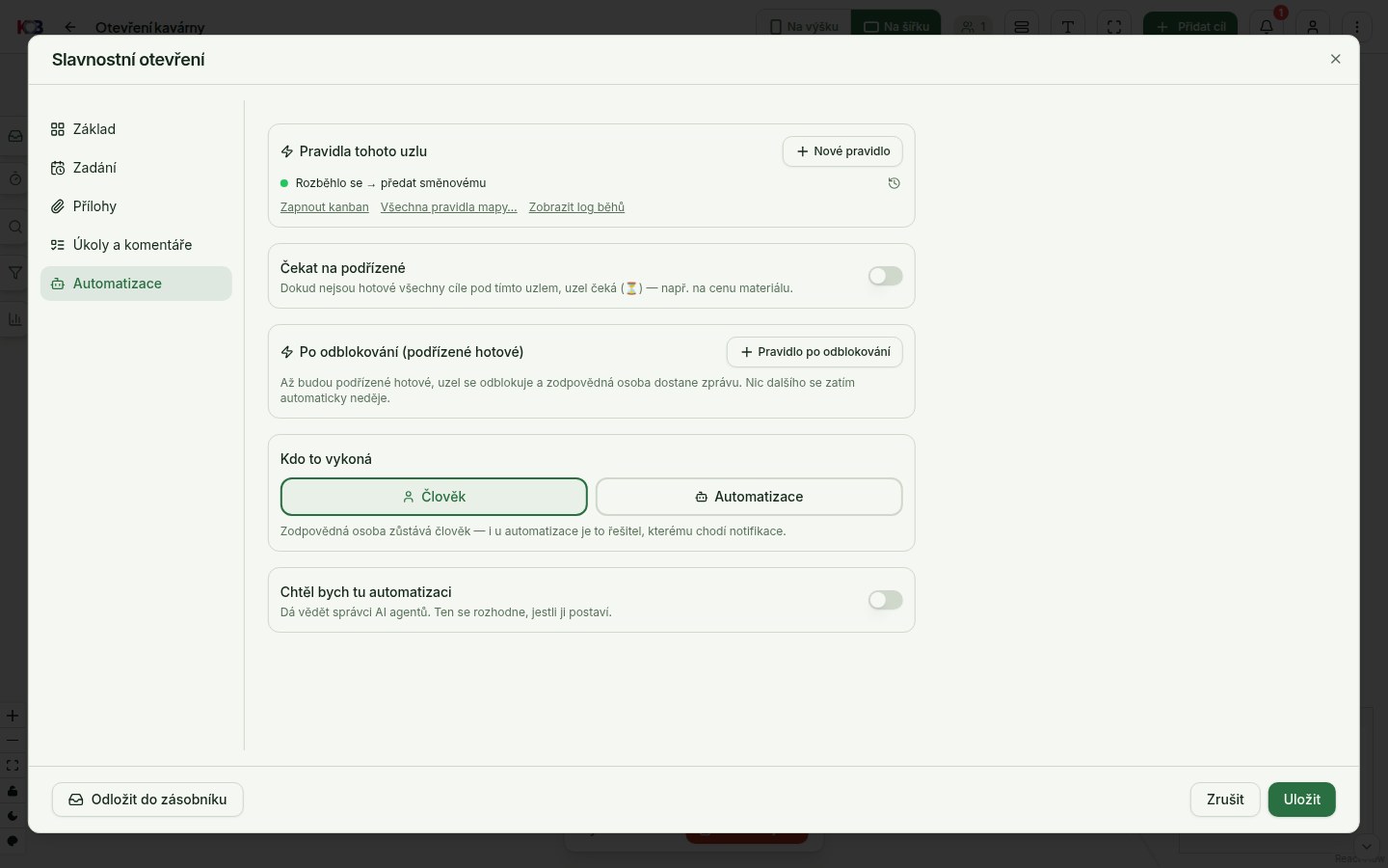 Okno cíle s kategorií Automatizace: Kdo to vykoná, Čekat na podřízené, Po odblokování a Pravidla tohoto uzlu