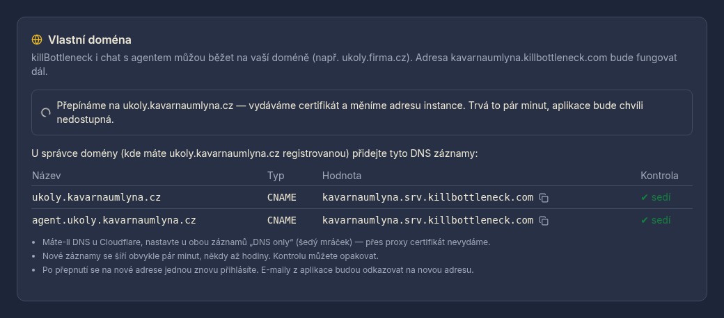 Po kontrole: u obou záznamů zelené „sedí“ a hláška Přepínáme na ukoly.kavarnaumlyna.cz — vydáváme certifikát a měníme adresu instance