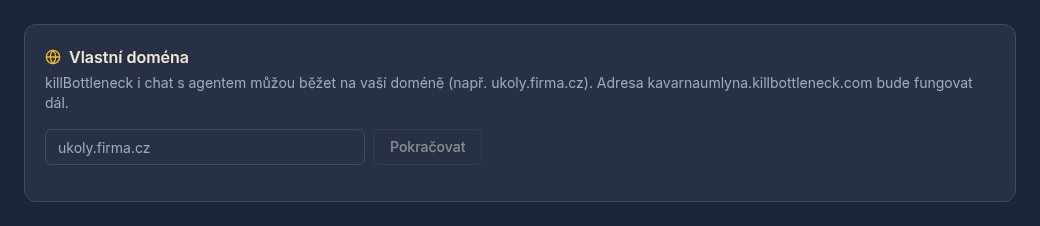 Sekce Vlastní doména ve Správě organizace: pole pro adresu a tlačítko Pokračovat