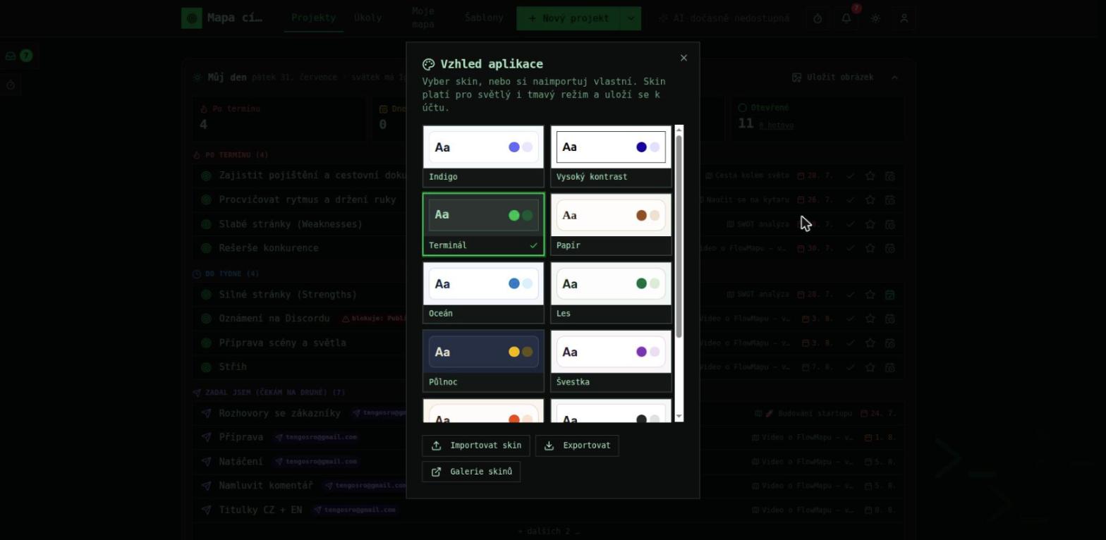 Dialog Vzhled aplikace s náhledy skinů Indigo, Vysoký kontrast, Terminál, Papír, Oceán, Les, Půlnoc, Švestka